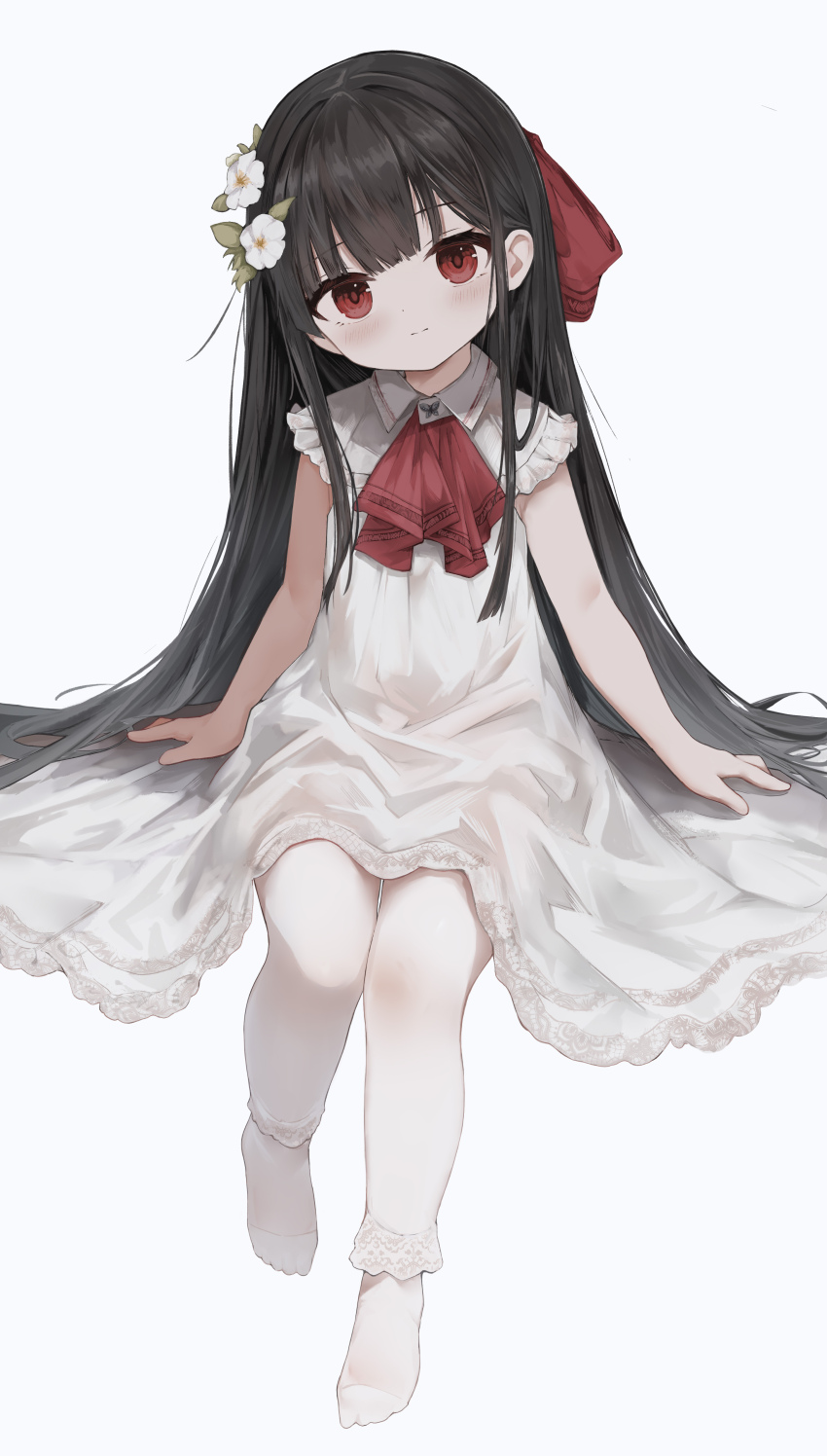 1girl, absurdres, black_hair, blush, closed_mouth, commentary_request, dress, flower