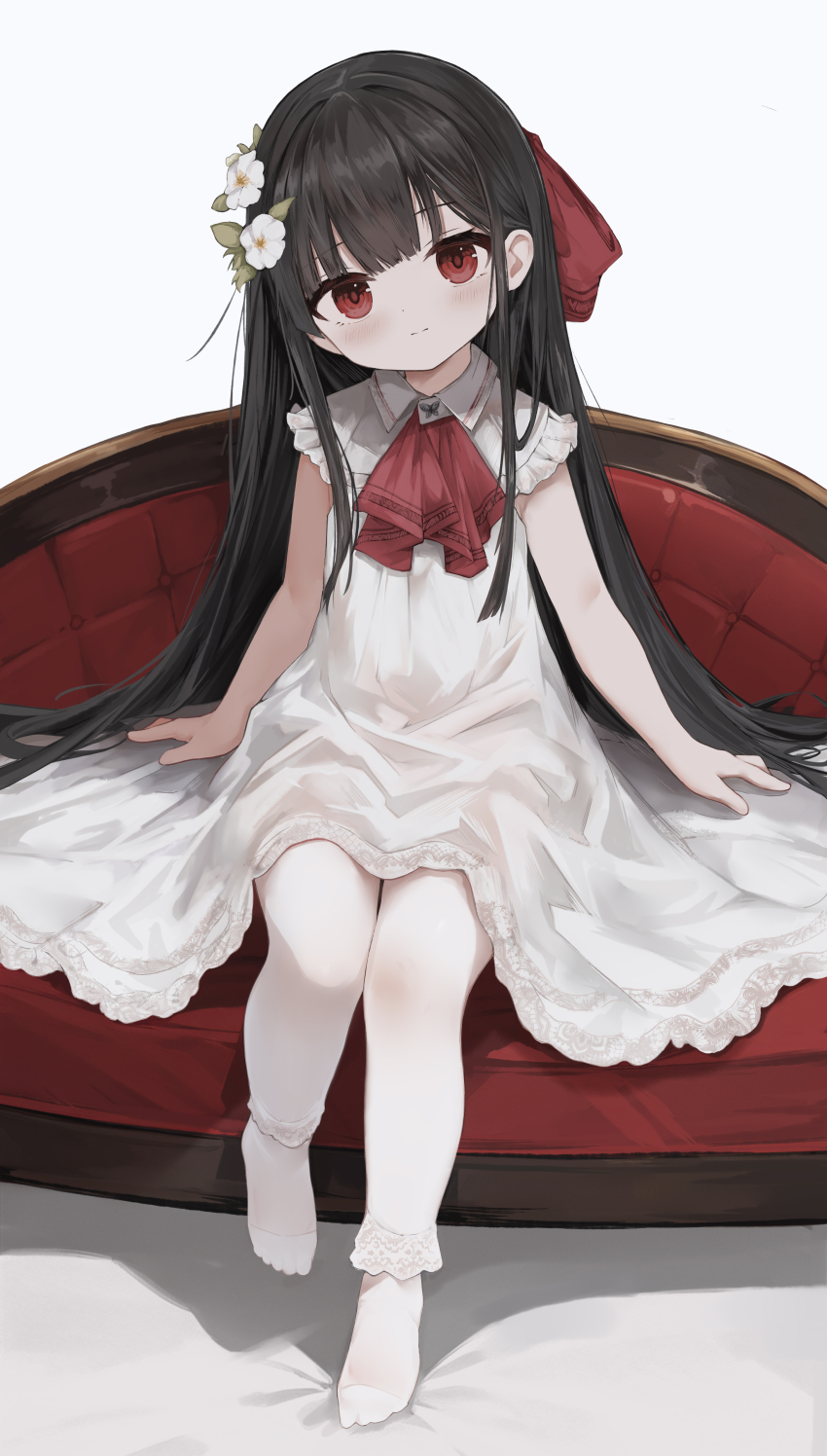 1girl, absurdres, black_hair, blush, closed_mouth, commentary_request, couch, dress