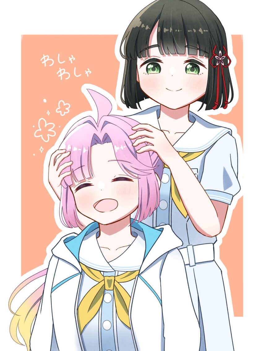 2girls, :d, ^_^, ahoge, anyoji_hime, black_hair, blonde_hair, blue_dress