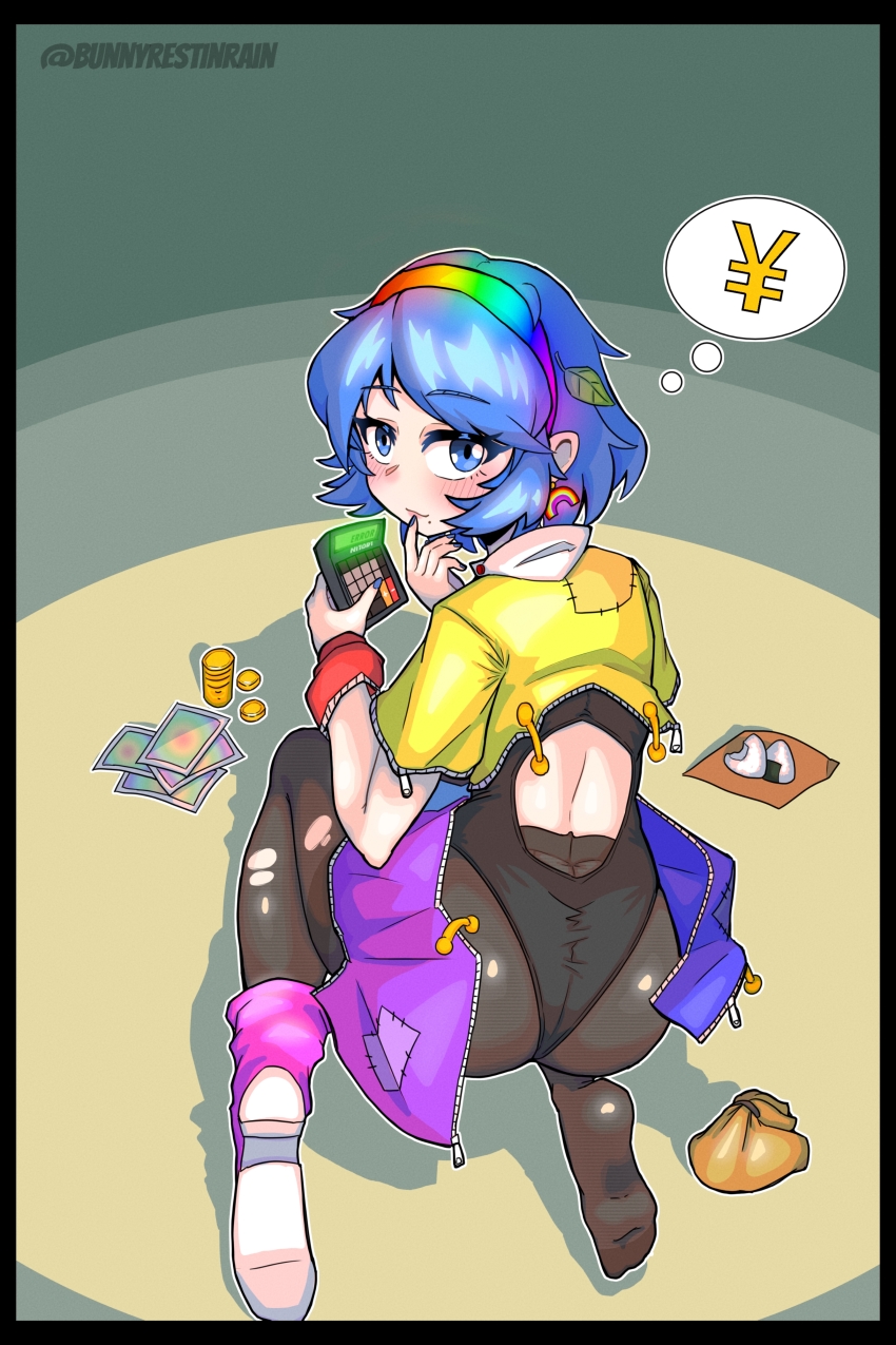 1girl, ability_card_(touhou), absurdres, ass, back_cutout, bag, black_border, black_leotard, black_pantyhose, blue_eyes, blue_hair, blue_nails, border, closed_mouth, clothing_cutout, food, full_body, hairband, highres, holding_calculator, leotard, looking_back, onigiri, open_clothes, outline, pantyhose, patchwork_clothes, pile_of_coins, rainbow_earrings, rainbow_hairband, shoes, short_sleeves, single_bare_foot, sitting, sleepymoon, solo, speech_bubble, tenkyuu_chimata, thought_bubble, touhou, wariza, white_outline, white_shoes, yen_sign, zipper