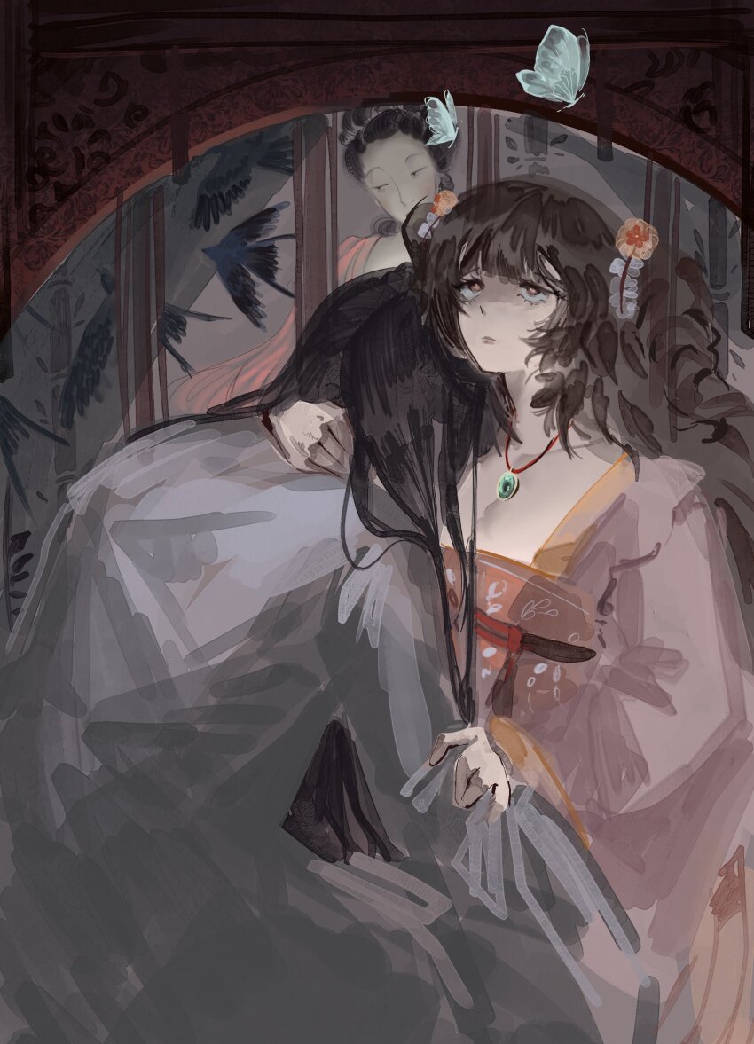 1boy, 1girl, absurdres, black_hair, breasts, brown_eyes, brown_hair, bug