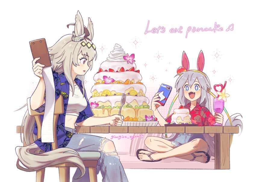 2girls, ahoge, animal_ears, bill_(object), blue_eyes, blue_pants, blue_shirt, blue_shorts