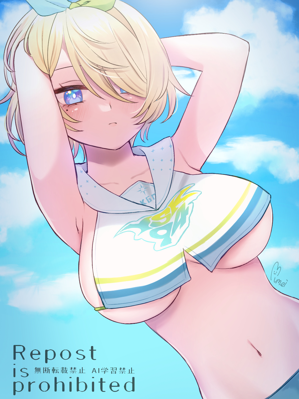 1girl, armpits, arms_behind_head, arms_up, bare_shoulders, blonde_hair, blue_eyes, blue_hairband