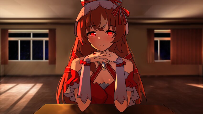 1girl, absurdres, animal_ears, blush, brown_hair, commentary_request, doki_doki_literature_club, head_rest, highres, horse_ears, horse_girl, interlocked_fingers, just_monika_(meme), kibihimi, long_hair, looking_at_viewer, meme, parody, red_eyes, red_nails, smile, solo, still_in_love_(scarlet_vow_raiment)_(umamusume), still_in_love_(umamusume), umamusume, upper_body, variant_set
