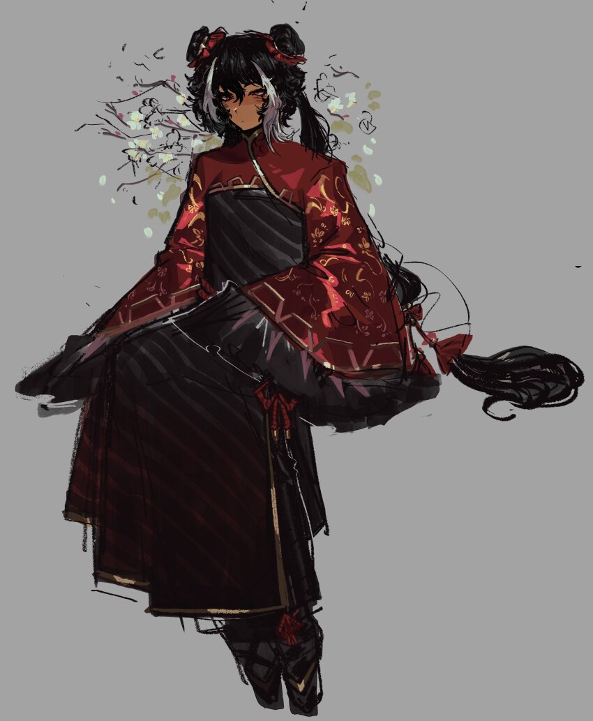 1girl, absurdres, black_dress, black_hair, black_shoes, chinese_clothes, double_bun, dress