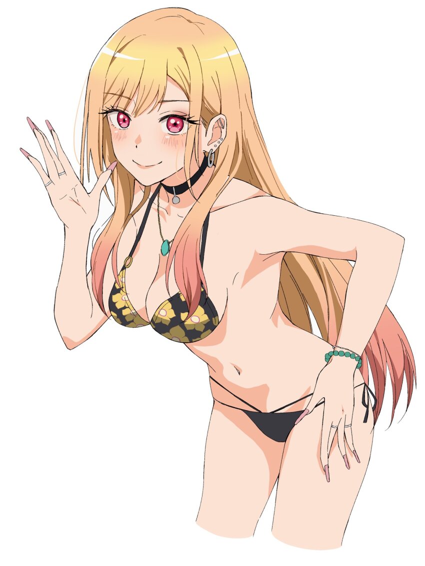 1girl, andanden, bikini, black_choker, blush, choker, closed_mouth, ear_piercing, highres, jewelry, kitagawa_marin, long_hair, looking_at_viewer, piercing, pink_hair, smile, solo, sono_bisque_doll_wa_koi_wo_suru, swimsuit