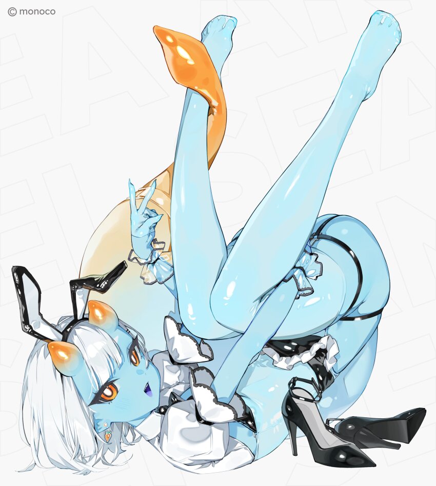 1girl, absurdres, barefoot, bikini, blue_skin, breasts, bright_pupils, colored_skin