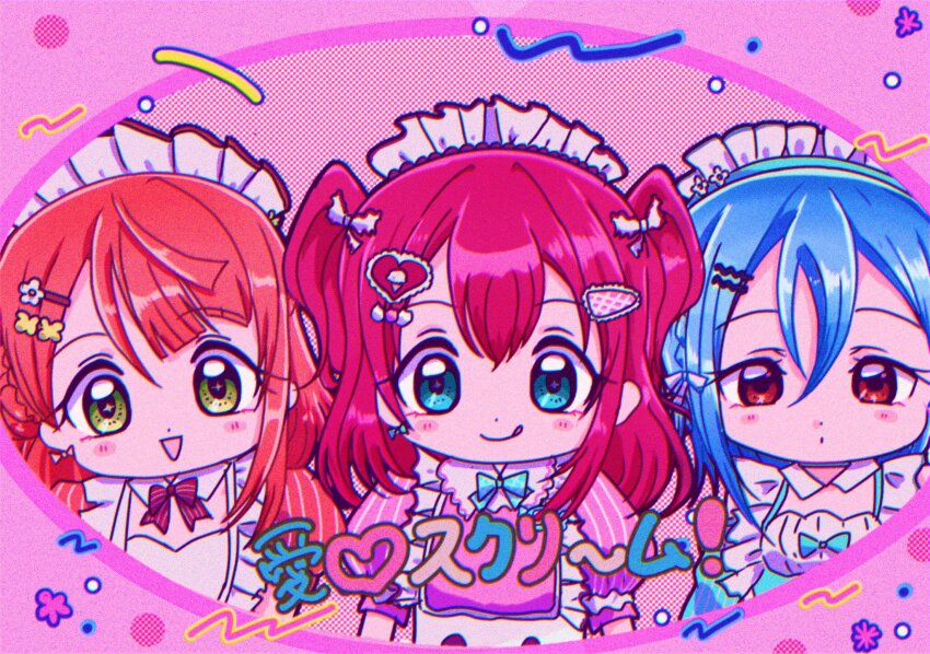3girls, :q, ai_scream!_(love_live!), aiscream_(love_live!), blue_dress, blue_eyes, blue_hair, braid