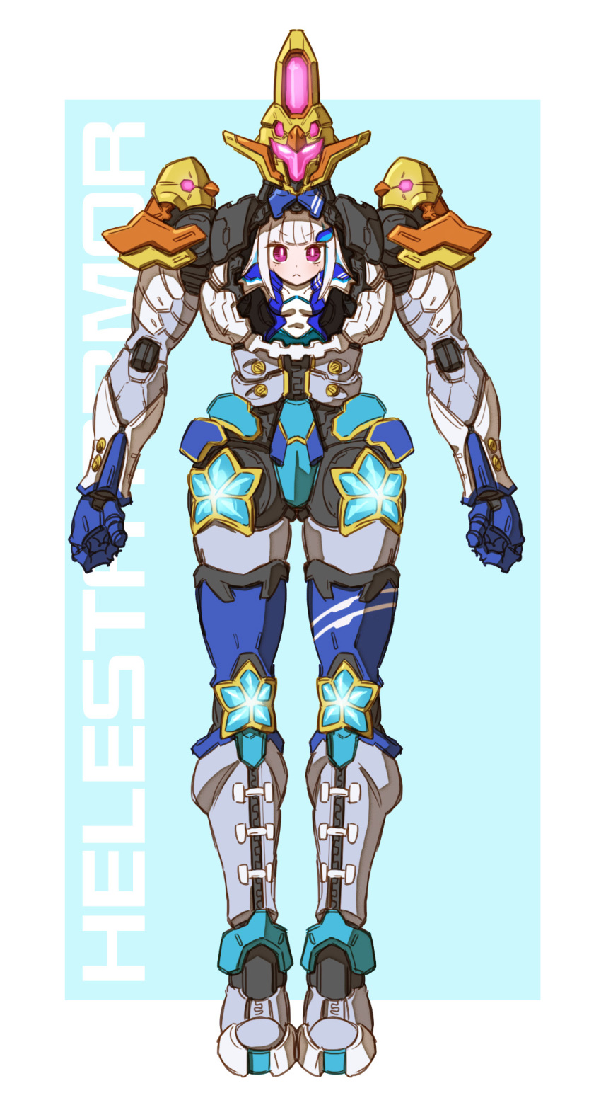 1girl, :<, alternate_costume, armor, blue_background, blue_bodysuit, blue_hair, bodysuit