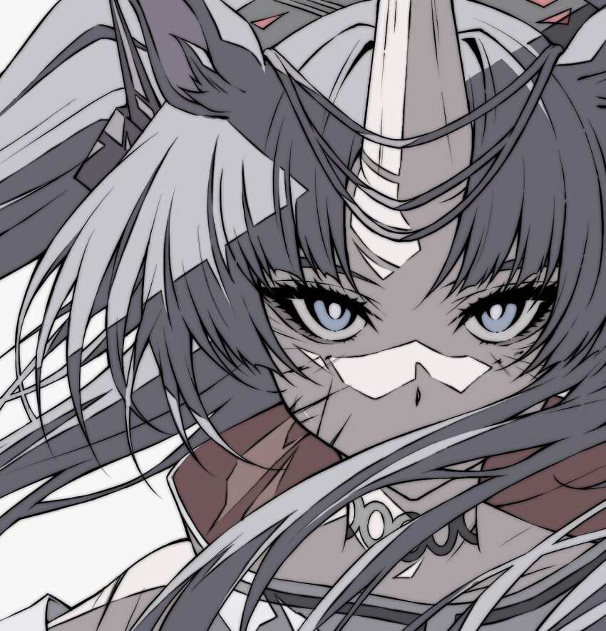 1girl, animal_ear_fluff, animal_ears, arknights, bare_shoulders, black_choker, blue_eyes, choker, close-up, clovisia_(arknights), cuts, hair_ornament, high_collar, highres, horns, horse_ears, injury, long_hair, looking_at_viewer, parted_bangs, portrait, scar, scar_on_face, shokikanes, solo, unicorn_girl, unicorn_horn