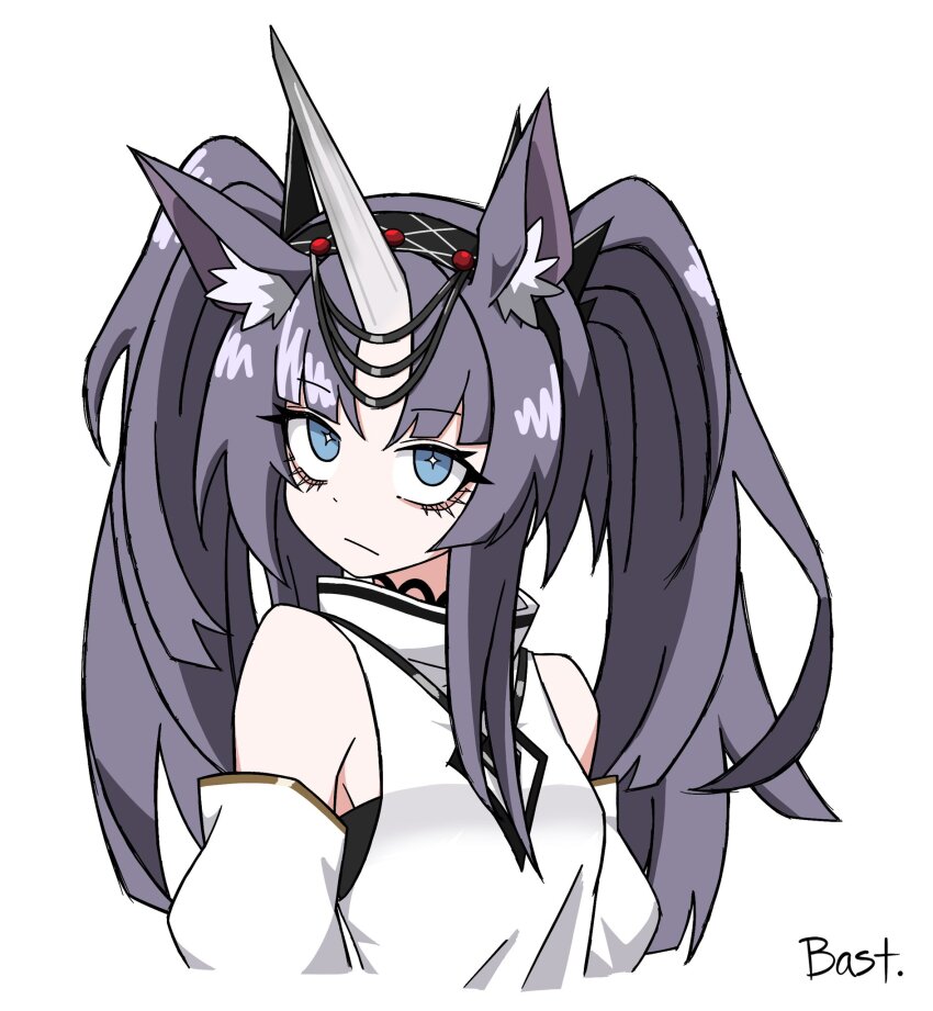 +_+, animal_ears, arknights, artist_name, bare_shoulders, bastetris, blue_eyes, choker, clovisia_(arknights), hair_ornament, headband, high_collar, highres, horns, horse_ears, long_hair, looking_at_viewer, parted_bangs, portrait, purple_hair, signature, simple_background, single_horn, sleeveless, twintails, unicorn_girl, unicorn_horn, upper_body, white_background