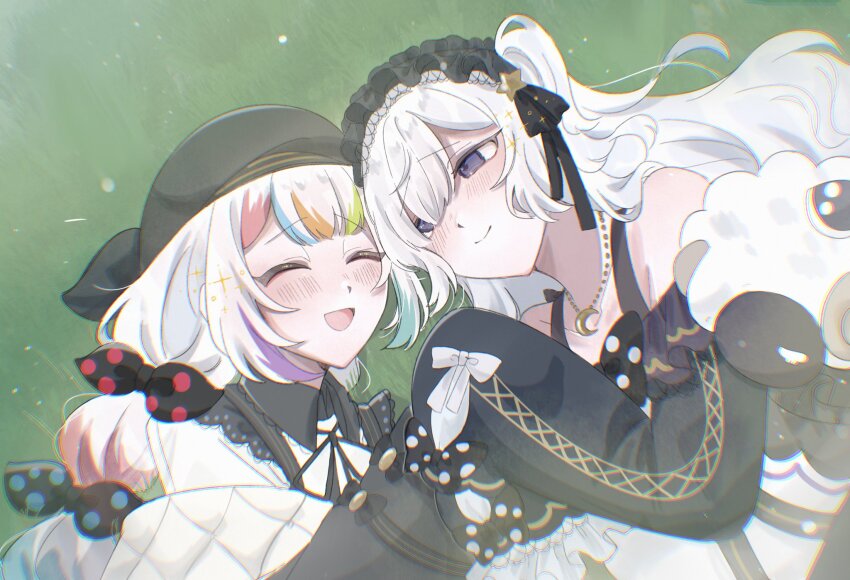 2girls, bare_shoulders, beret, black_ribbon, bow, braid, closed_eyes, closed_mouth