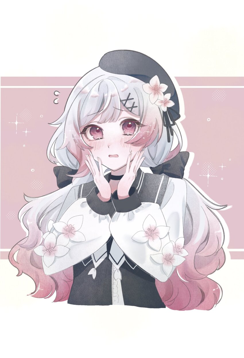 1girl, alternate_hair_length, alternate_hairstyle, beret, black_choker, black_hat, black_ribbon, choker