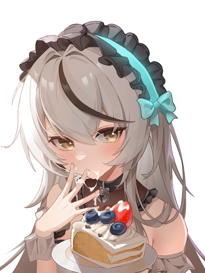 1girl, absurdres, bell, black_hair, blue_bow, blueberry, bow, cake, cake_slice, cherno_kegaard, cherno_kegaard_-_enigma_(apprentice_maid), food, food_on_face, fruit, grey_hair, hair_between_eyes, hair_intakes, highres, holding, holding_food, holding_plate, jingle_bell, kai_si_(hscn5578), licking, licking_finger, long_hair, looking_at_viewer, maid, maid_headdress, multicolored_hair, plate, shirt, simple_background, snowbreak:_containment_zone, solo, strawberry, streaked_hair, upper_body, white_shirt, wrist_cuffs, yellow_eyes