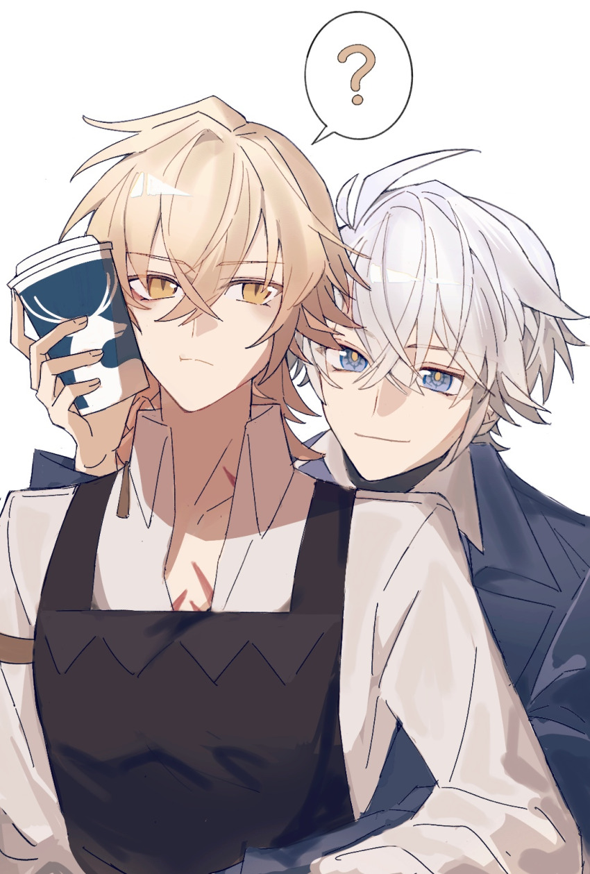 2boys, ?, antenna_hair, apron, black_apron, black_sweater, blonde_hair, blue_eyes