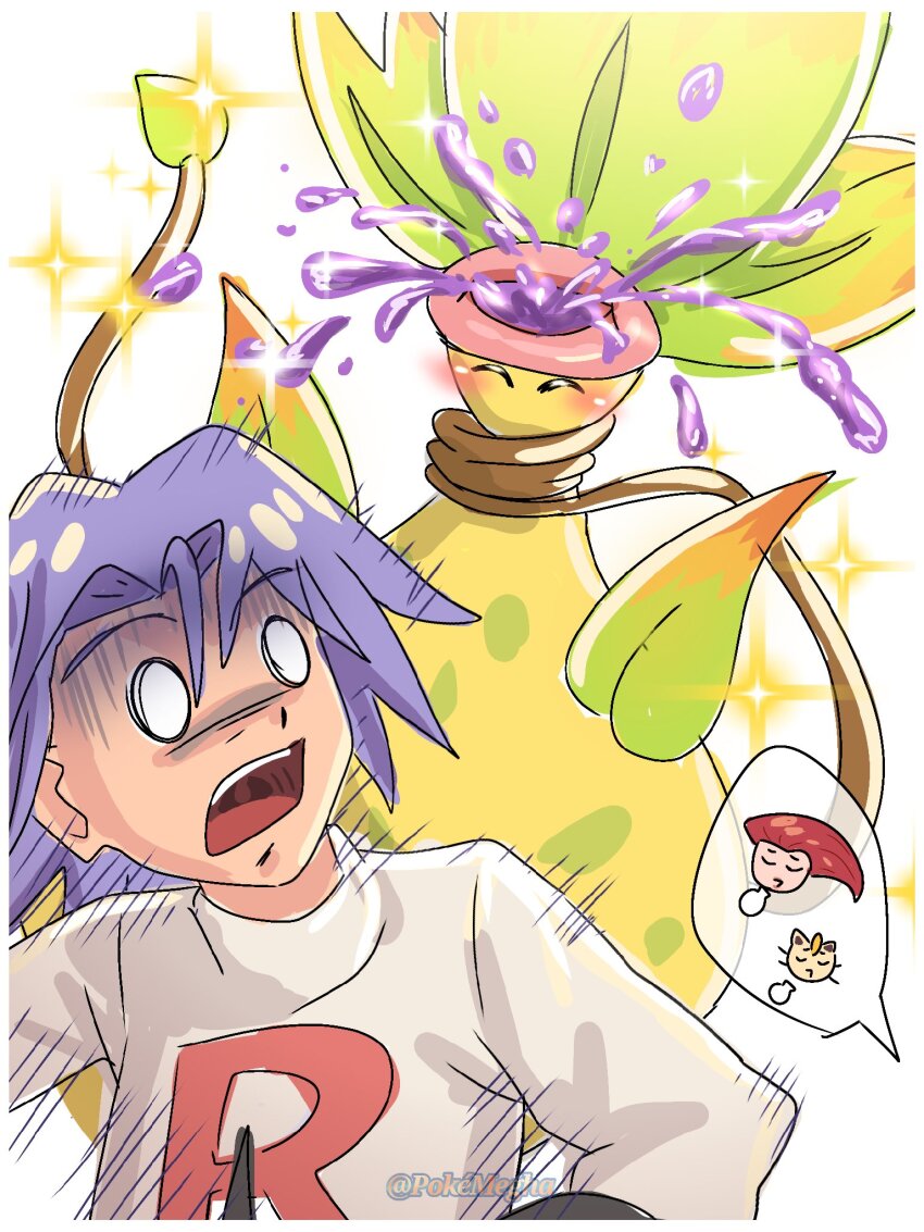 1boy, black_gloves, blue_hair, gen_1_pokemon, gloves, highres, james_(pokemon), jessie_(pokemon)