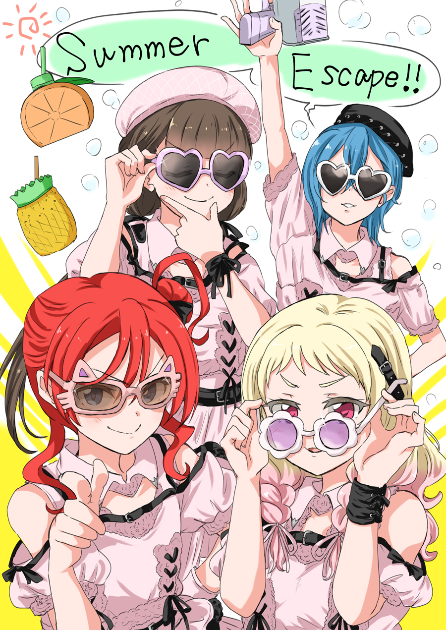 4girls, adjusting_eyewear, arm_up, aspire_(love_live!), belt, belt_buckle, beret, black_belt