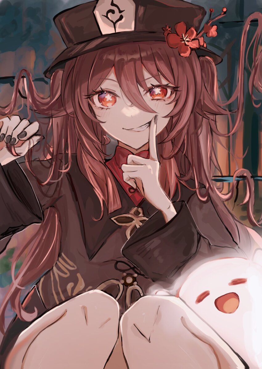 1girl, black_hat, black_nails, boo_tao_(genshin_impact), brown_hair, fingersmile, flower, flower-shaped_pupils