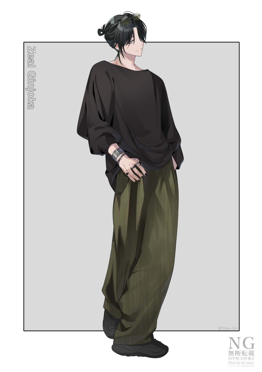 1boy, alternate_costume, black_hair, black_nails, black_shirt, black_shoes, border, bracelet