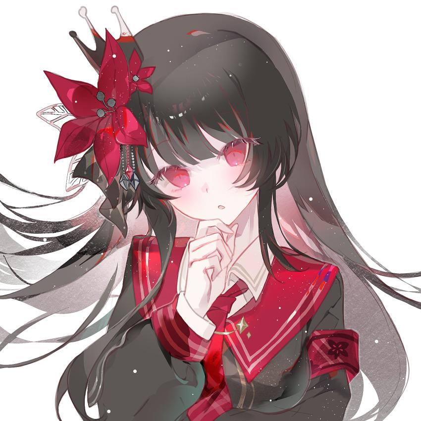 1girl, :o, armband, black_hair, black_shirt, blunt_bangs, collared_shirt, commentary