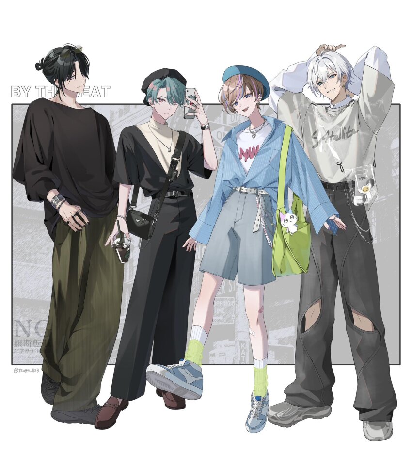 4boys, arm_up, arms_behind_head, bag, belt, beret, black_bag, black_hair