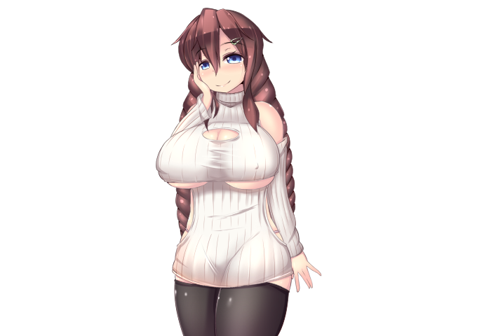 1girl, arm_at_side, bare_shoulders, black_thighhighs, blue_eyes, breasts, brown_hair, cleavage