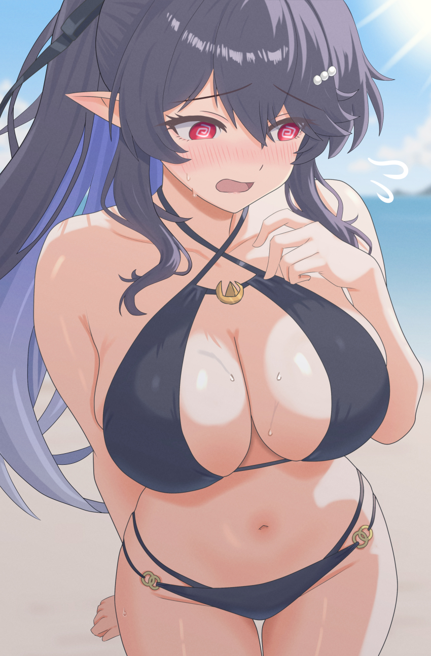 1girl, @_@, absurdres, arm_behind_back, bare_arms, bare_shoulders, bikini, black_bikini