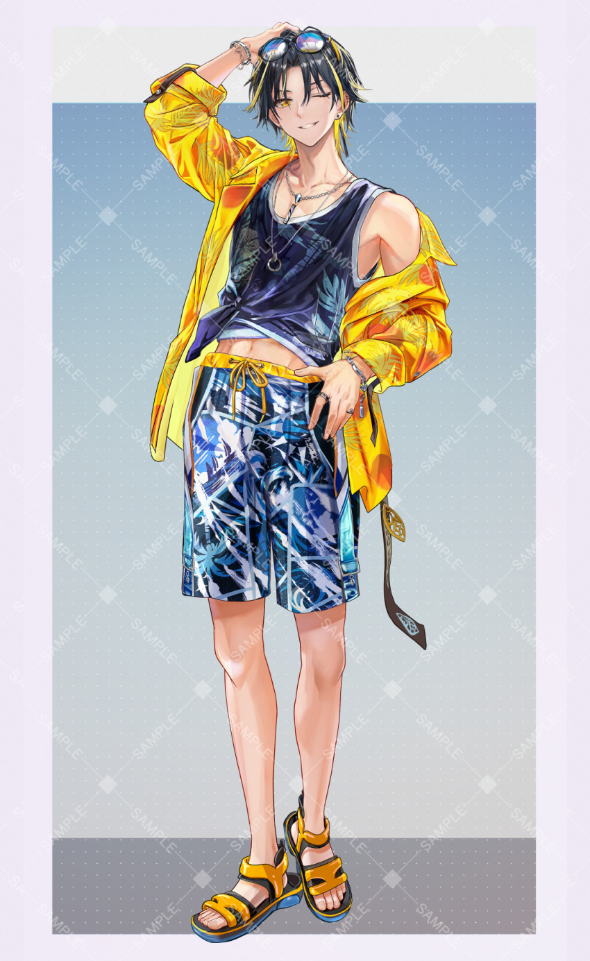 1boy, aratakosu_(tako's), arm_up, black_hair, black_tank_top, border, bracelet, eyewear_on_head, full_body, hair_between_eyes, hand_on_own_head, hand_on_own_hip, highres, jacket, jewelry, light_akarui, long_sleeves, male_focus, meteorites_(stpr), multicolored_hair, multicolored_shorts, multiple_rings, necklace, one_eye_closed, ring, ring_necklace, sample_watermark, sandals, shorts, silver_bracelet, silver_ring, smile, solo, streaked_hair, tank_top, tinted_eyewear, watermark, white_border, yellow_eyes, yellow_jacket