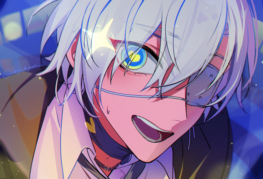 1boy, black_jacket, blue_choker, blue_eyes, blurry, blurry_background, choker, eyepatch