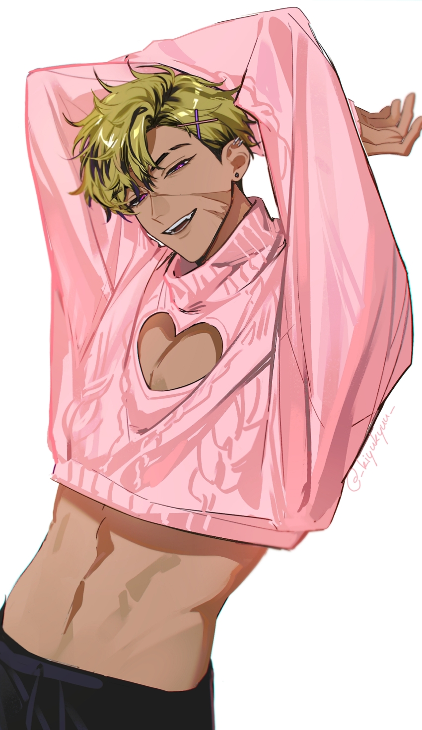 1boy, alternate_costume, arms_behind_head, arms_up, black_pants, blonde_hair, cleavage_cutout, clothing_cutout