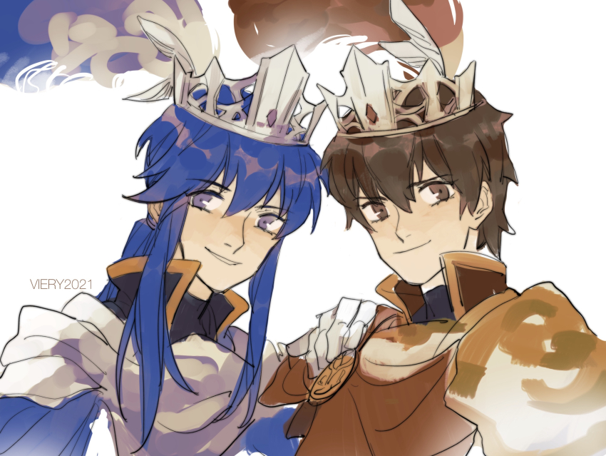 2boys, armor, artist_name, black_shirt, blue_eyes, blue_feathers, blue_hair, brown_cape