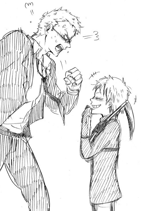 1boy, 1girl, androgynous, angry, blush, del_(logicallogos), dorohedoro, ebisu_(dorohedoro)