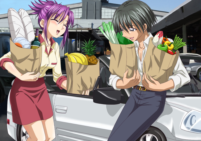 00s, amagi_rihito, ankoku_tiger, bag, banana, bell_pepper, black_hair, bottle