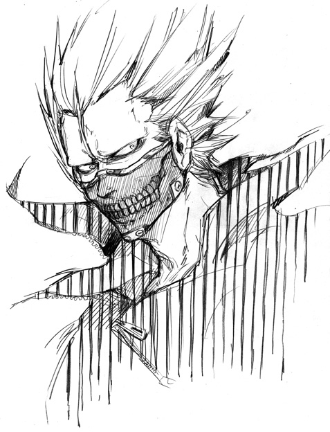 1boy, del_(logicallogos), dorohedoro, en_(dorohedoro), greyscale, male_focus, mask, monochrome