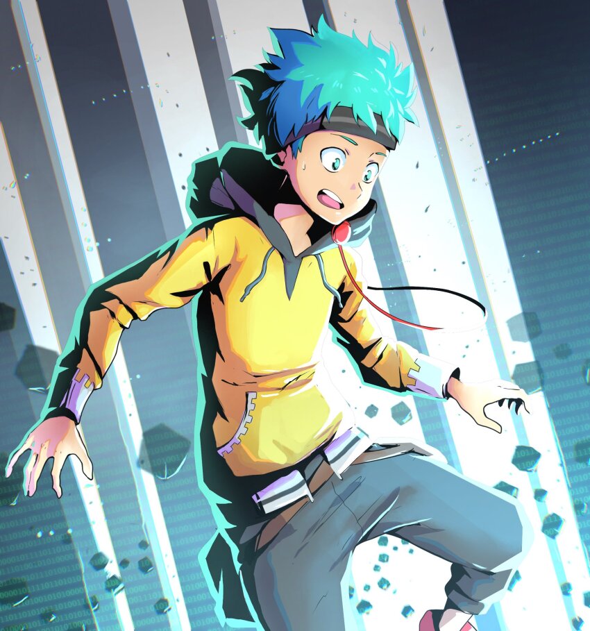 1boy, anonymous;code, black_hood, blue_eyes, blue_hair, blue_pants, floating, gears