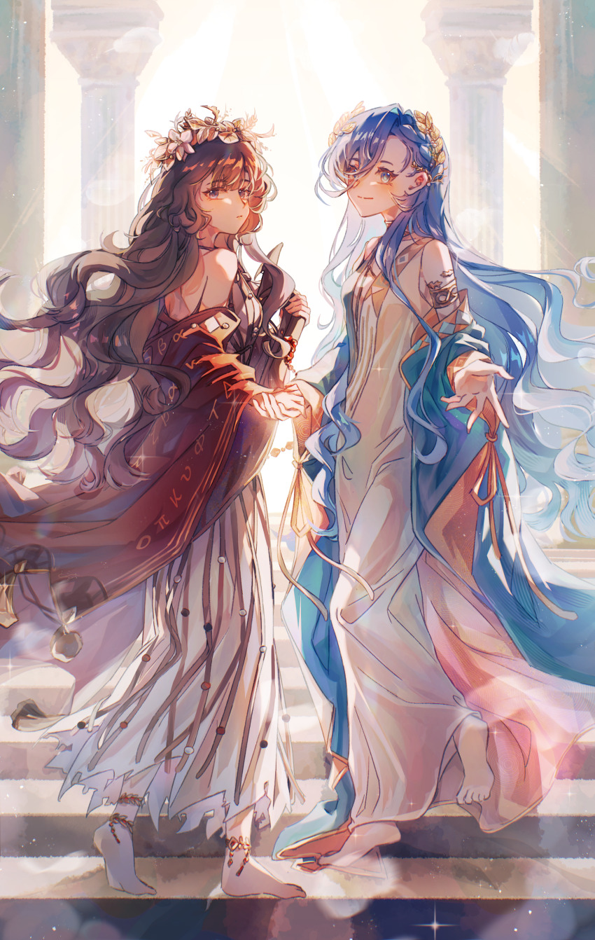 2girls, 37_(reverse:1999), absurdres, ancient_greek_clothes, backlighting, bare_shoulders, barefoot, blue_eyes