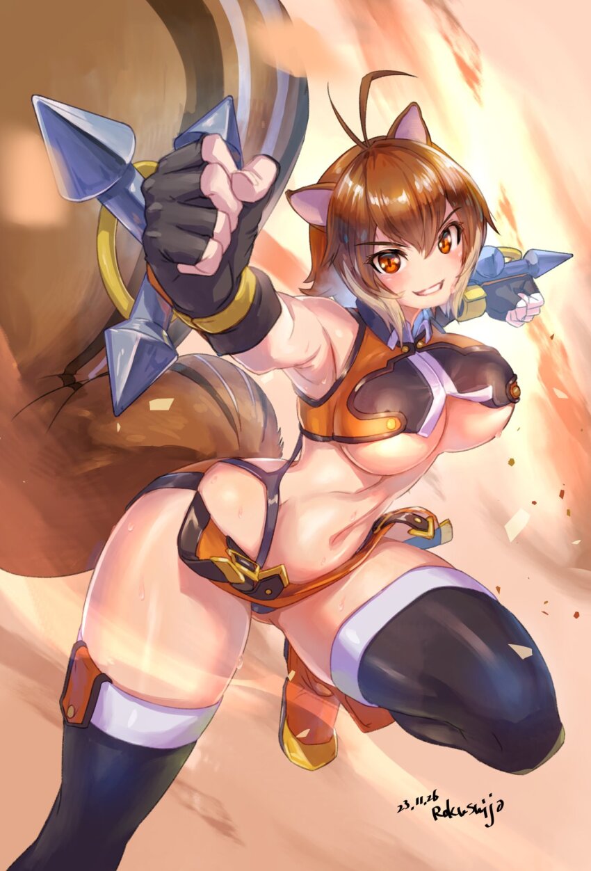 1girl, animal_ears, antenna_hair, blazblue, blush, breasts, brown_eyes, brown_hair, crop_top, fingerless_gloves, gloves, highleg, highleg_panties, highres, large_breasts, looking_at_viewer, makoto_nanaya, microskirt, midriff, multicolored_hair, navel, orange_skirt, panties, revealing_clothes, rokusuijo, short_hair, skirt, solo, squirrel_ears, squirrel_girl, squirrel_tail, tail, thick_thighs, thighhighs, thighs, two-tone_hair, underboob, underwear
