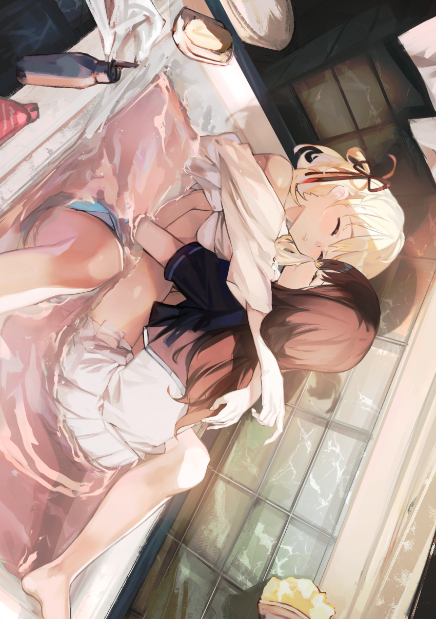 2girls, absurdres, bathroom, bathtub, black_hair, blonde_hair, bob_cut, closed_eyes