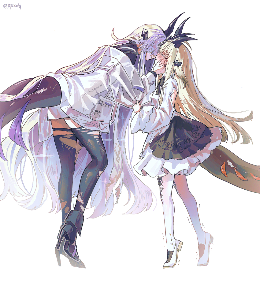 2girls, absurdres, aged_down, arknights, black_thighhighs, blonde_hair, blush, closed_eyes, commentary_request, dragon_tail, dress, hand_on_another's_face, height_difference, high_heels, highres, horns, incest, jacket, kiss, long_hair, multiple_girls, necrass_(arknights), ppxdq, purple_hair, reed_(arknights), reed_(young)_(arknights), siblings, simple_background, sisters, skirt, tail, thighhighs, time_paradox, tiptoes, torn_clothes, torn_thighhighs, trembling, twitter_username, white_background, white_dress, white_jacket, white_skirt, white_thighhighs, yuri