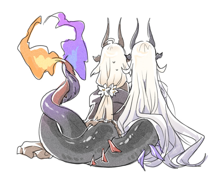 2girls, ahoge, arknights, blonde_hair, commentary_request, dragon_girl, dragon_horns, fire