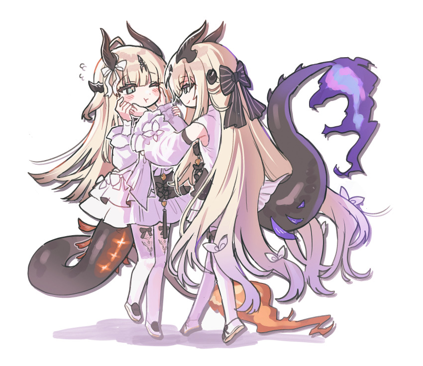 2girls, :t, aged_down, arknights, blonde_hair, blue_fire, blush_stickers, bow