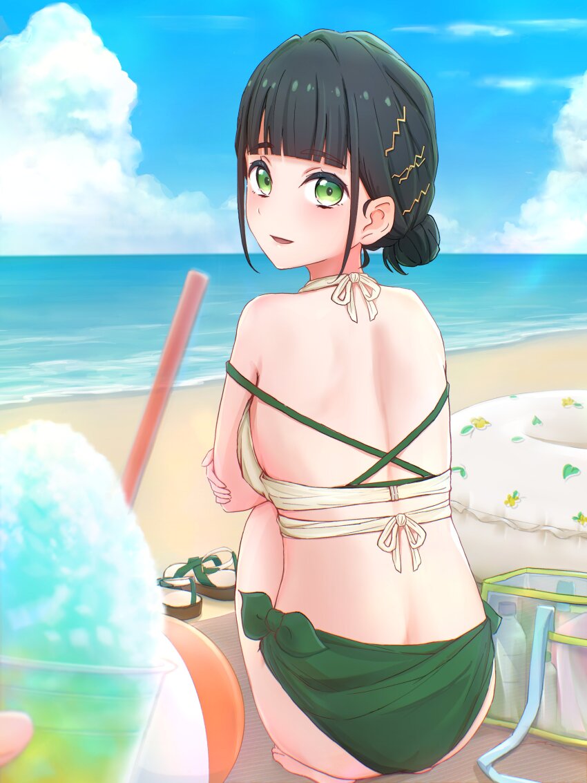 1girl, absurdres, ball, bare_shoulders, beach, beachball, bikini, black_hair