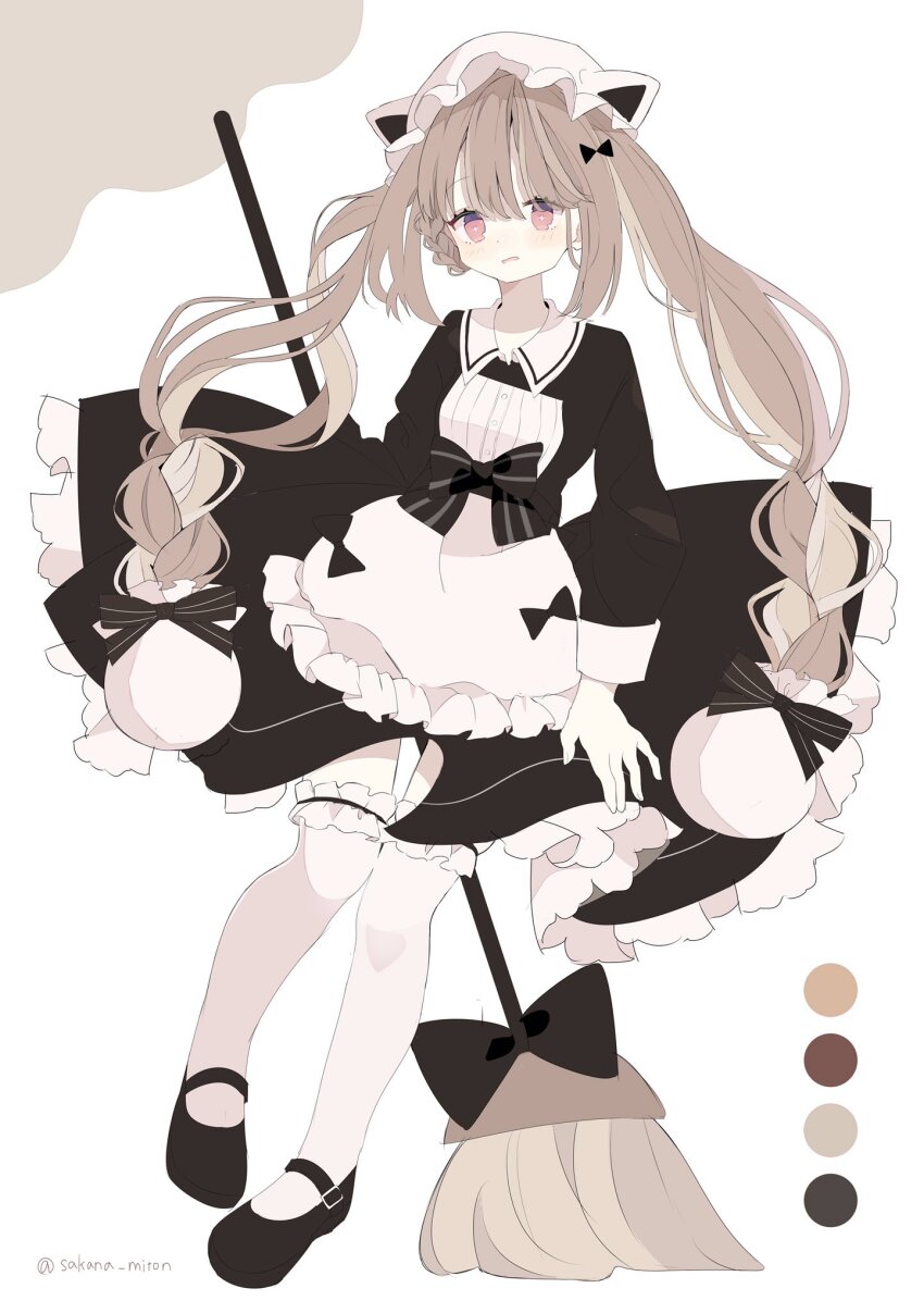 1girl, apron, black_bow, black_bowtie, blush, bow, bowtie, braid