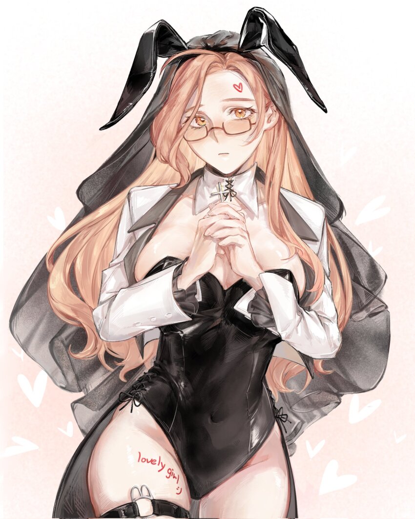 1girl, animal_ears, bane_meni0512, black_leotard, body_writing, breasts, brown_eyes, brown_hair