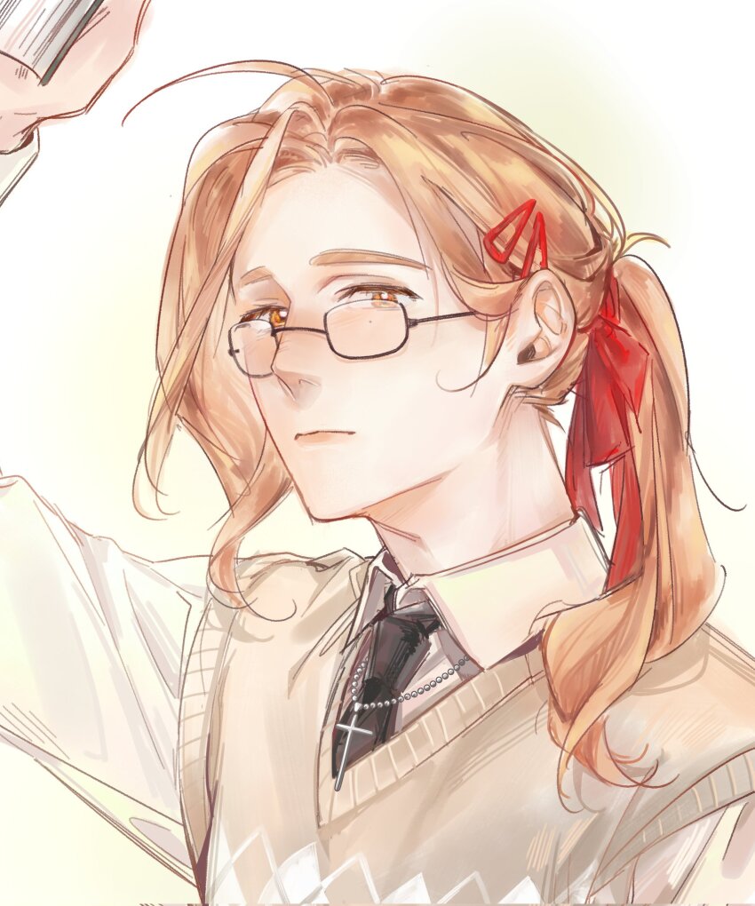 1boy, bane_meni0512, black_necktie, brown_eyes, brown_hair, brown_sweater_vest, collared_shirt, cross, cross_necklace, degrees_of_lewdity, glasses, highres, jewelry, long_hair, looking_at_viewer, necklace, necktie, ponytail, shirt, solo, sweater_vest, sydney_(degrees_of_lewdity), sydney_(male)_(degrees_of_lewdity), upper_body, white_shirt