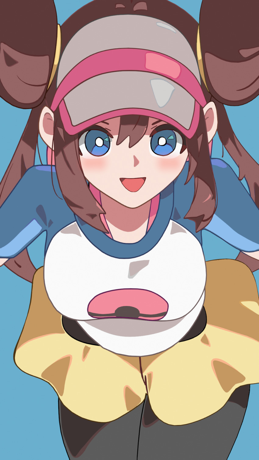 1girl, :d, bent_over, blue_background, blue_eyes, breasts, bright_pupils, brown_hair