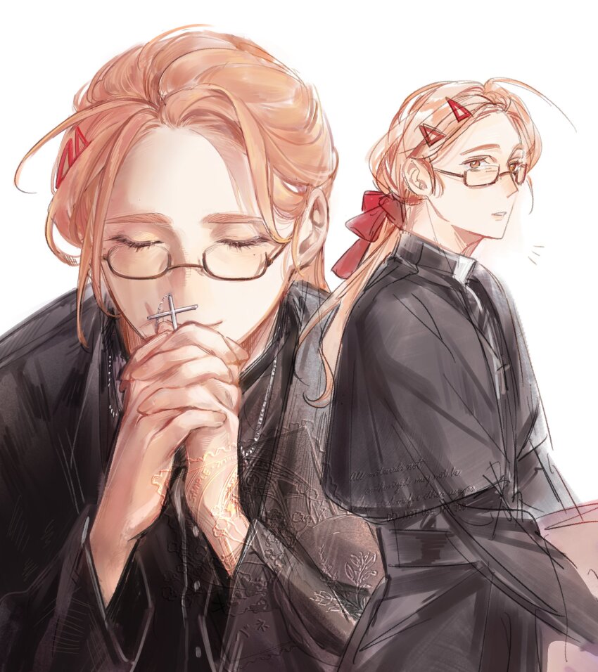 1boy, bane_meni0512, brown_eyes, brown_hair, closed_eyes, cross, cross_necklace, degrees_of_lewdity, glasses, highres, holding, holding_cross, jewelry, long_hair, multiple_views, necklace, praying, priest, simple_background, sydney_(degrees_of_lewdity), sydney_(male)_(degrees_of_lewdity), watermark, white_background