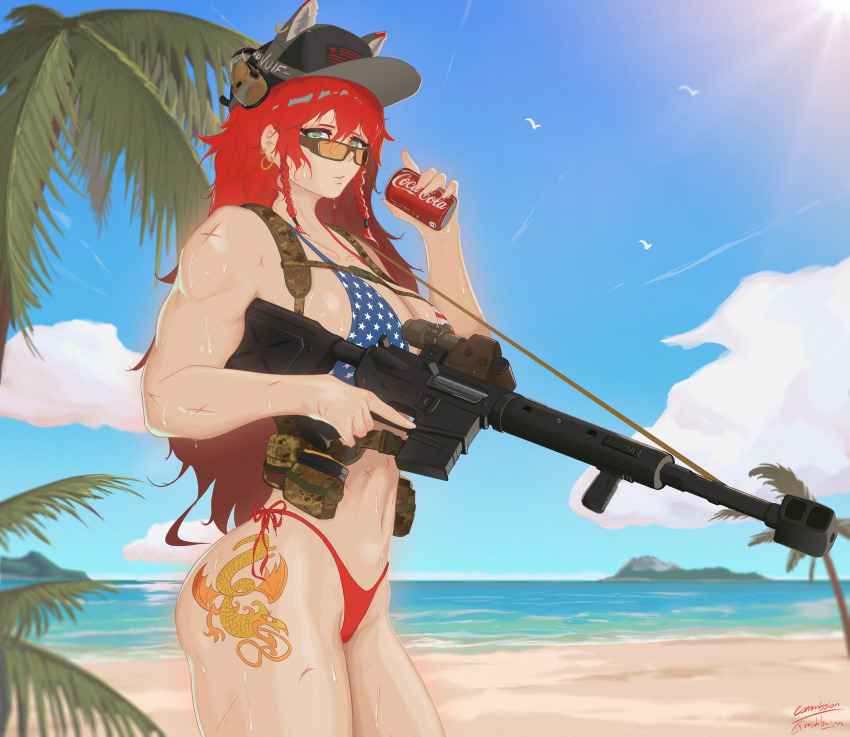 absurdres, american_flag, american_flag_bikini, american_flag_print, beach, beowulf_(girls'_frontline), bikini, can