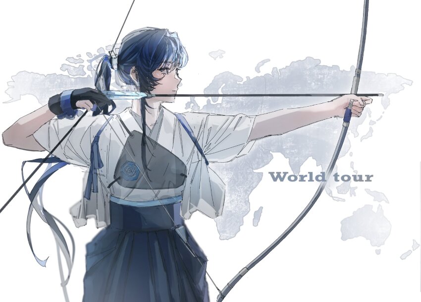 1girl, ado_(utaite), archery, archery_shooting_glove, arrow_(projectile), blue_hair, blue_skirt, bow_(weapon)