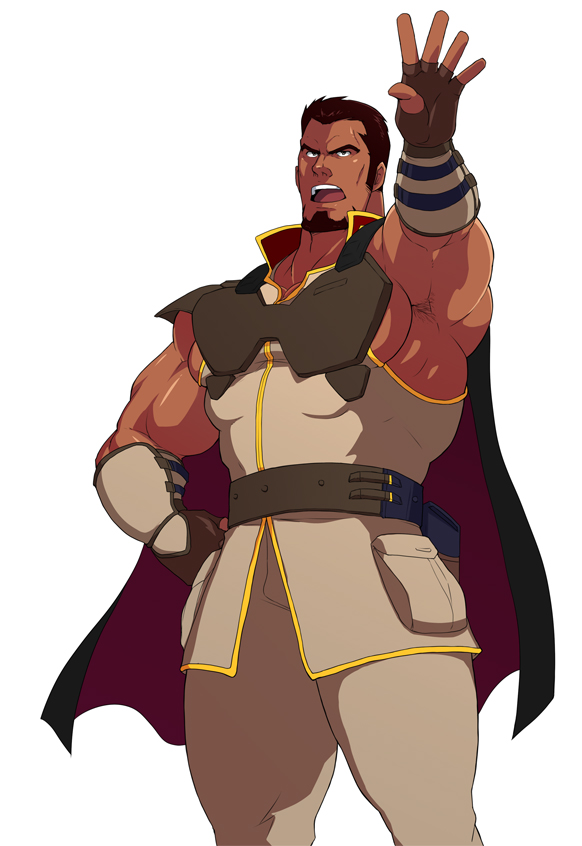1boy, arm_up, armpit_hair, bara, brown_hair, cape, cowboy_shot, dark-skinned_male